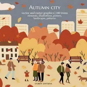 Autumn city clipart, people in fall park scene creator