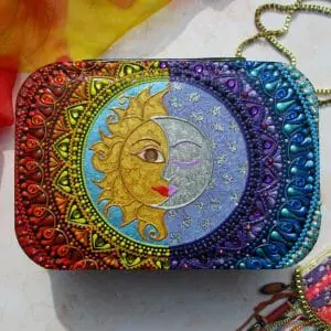 Hand painted jewelry box, Travel jewelry case, Portable jewelry organizer, Jewelry storage, Sun, Moon, Mandala box