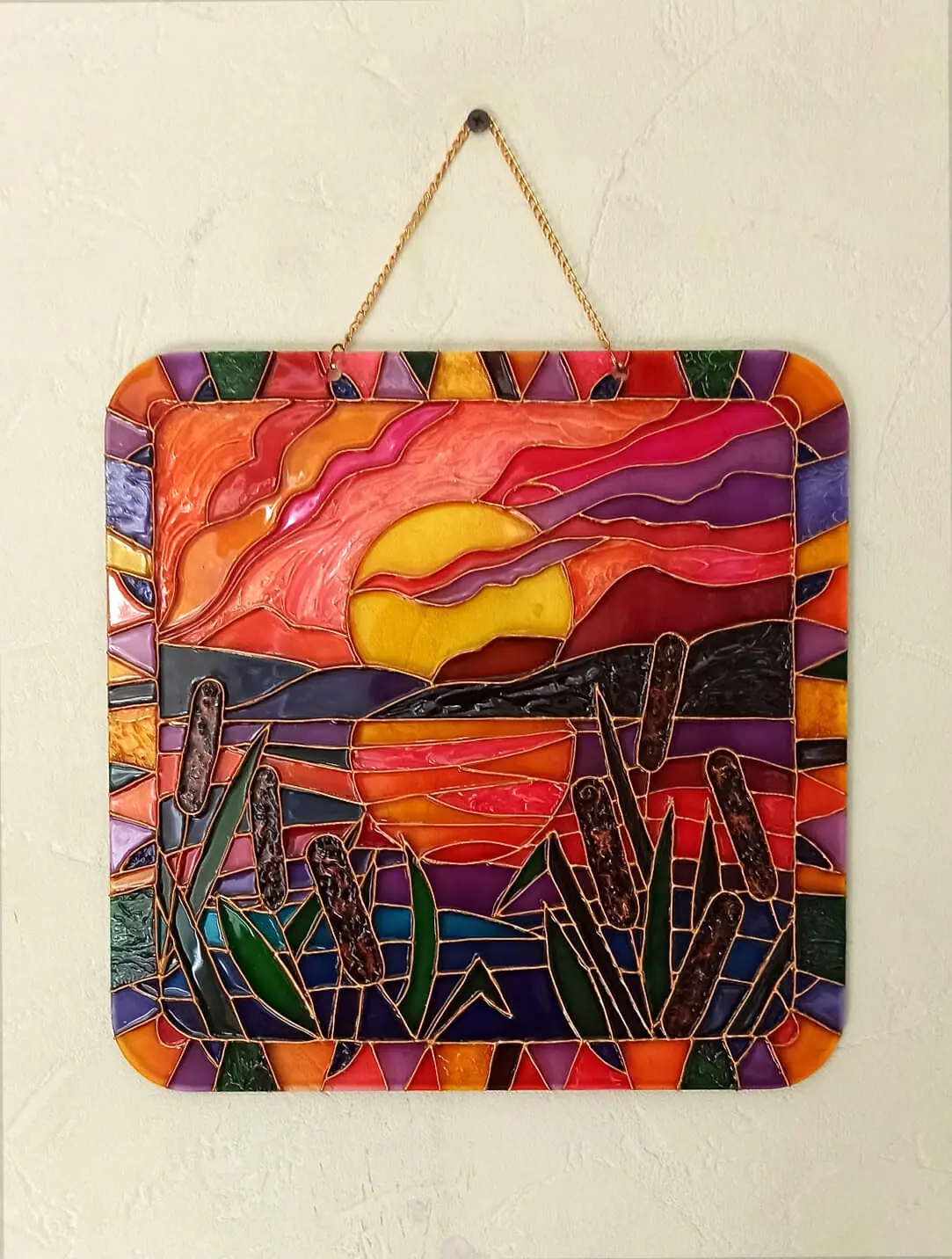 Cattails At Sunset Suncatcher Faux Stained Glass RESERVED