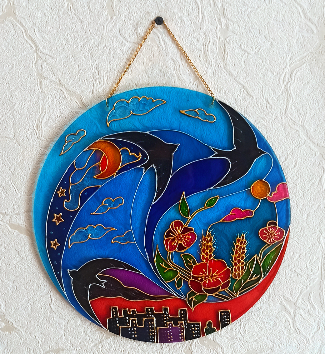 Flying Birds Flowers Suncatcher Faux Stained Glass