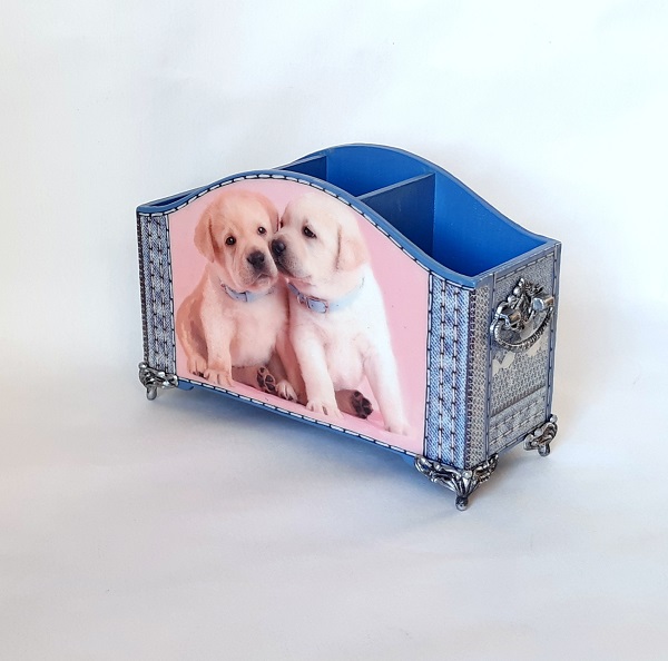 Blue- Pink Pencil Holder with Dogs