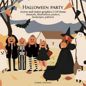 Halloween party clipart, Characters in costume illustration