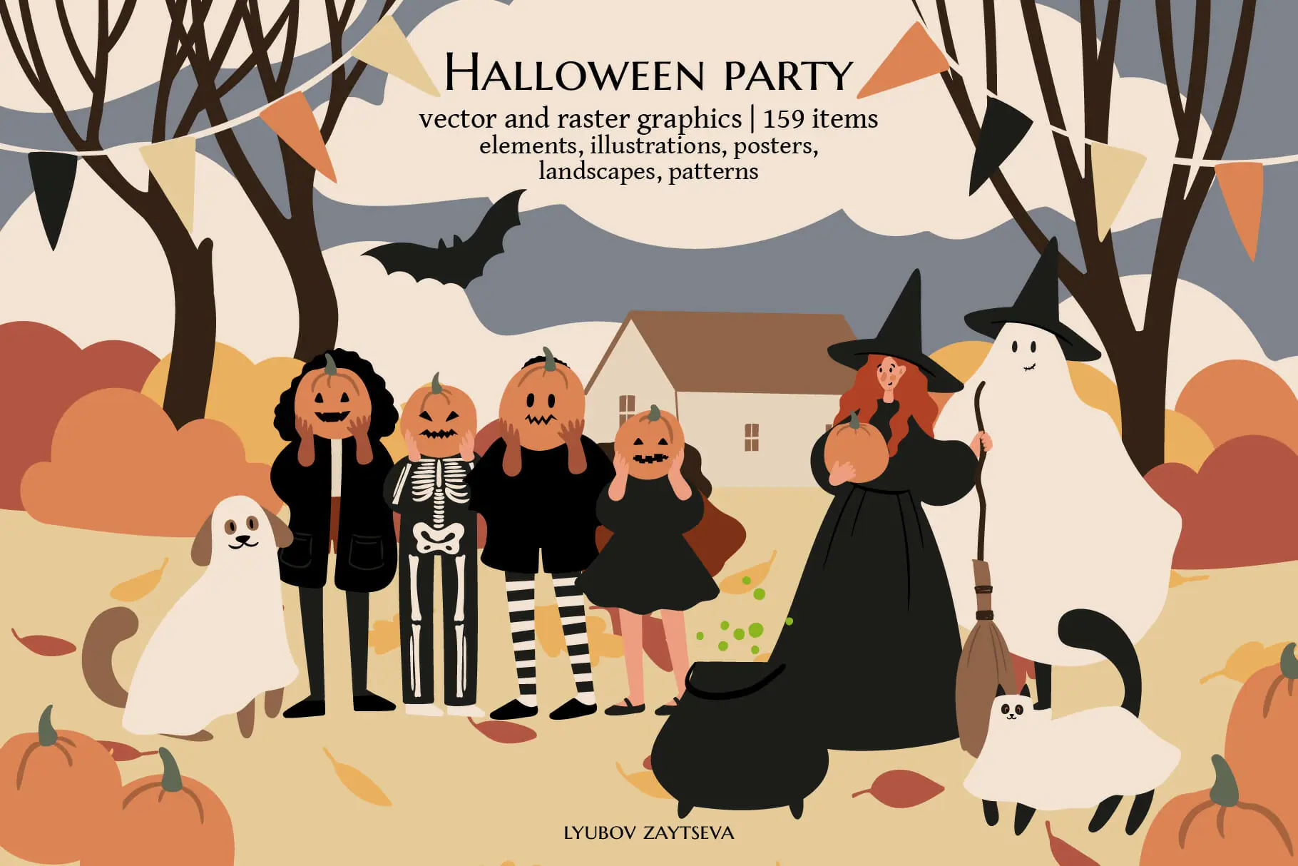 Halloween party clipart, Characters in costume illustration