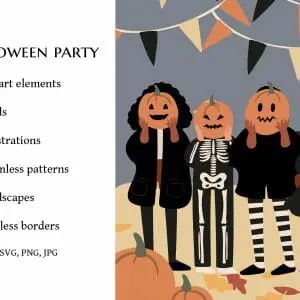 Halloween party clipart, Characters in costume illustration