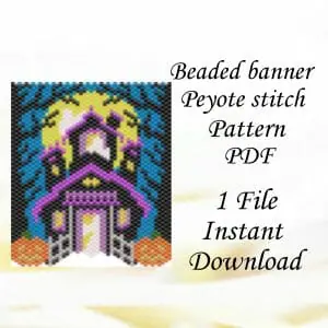 Handmade Marketplace 663 Bead peyote pattern Halloween banner Dark castle Spooky tree Ghosts