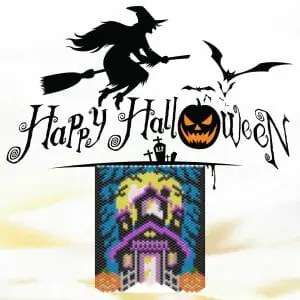 Handmade Marketplace 664 Bead peyote pattern Halloween banner Dark castle Spooky tree Ghosts