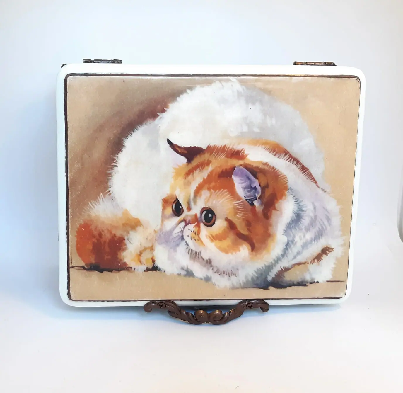 Beautiful brown jewelry box . a small box for small things . Handmade decor . Fluffy white-red cat on the lid of the box. Beautiful chocolate color with white polka dots .