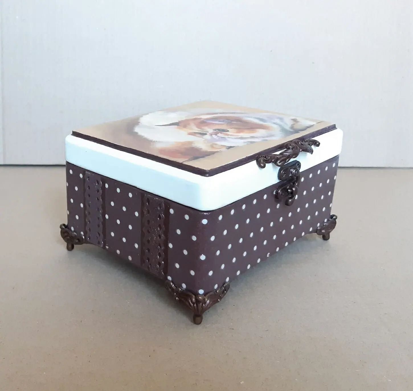 wooden box with a painted cat. brown polka dot jewelry box . cute romantic gift for beautiful storage . handmade work 11.jpg