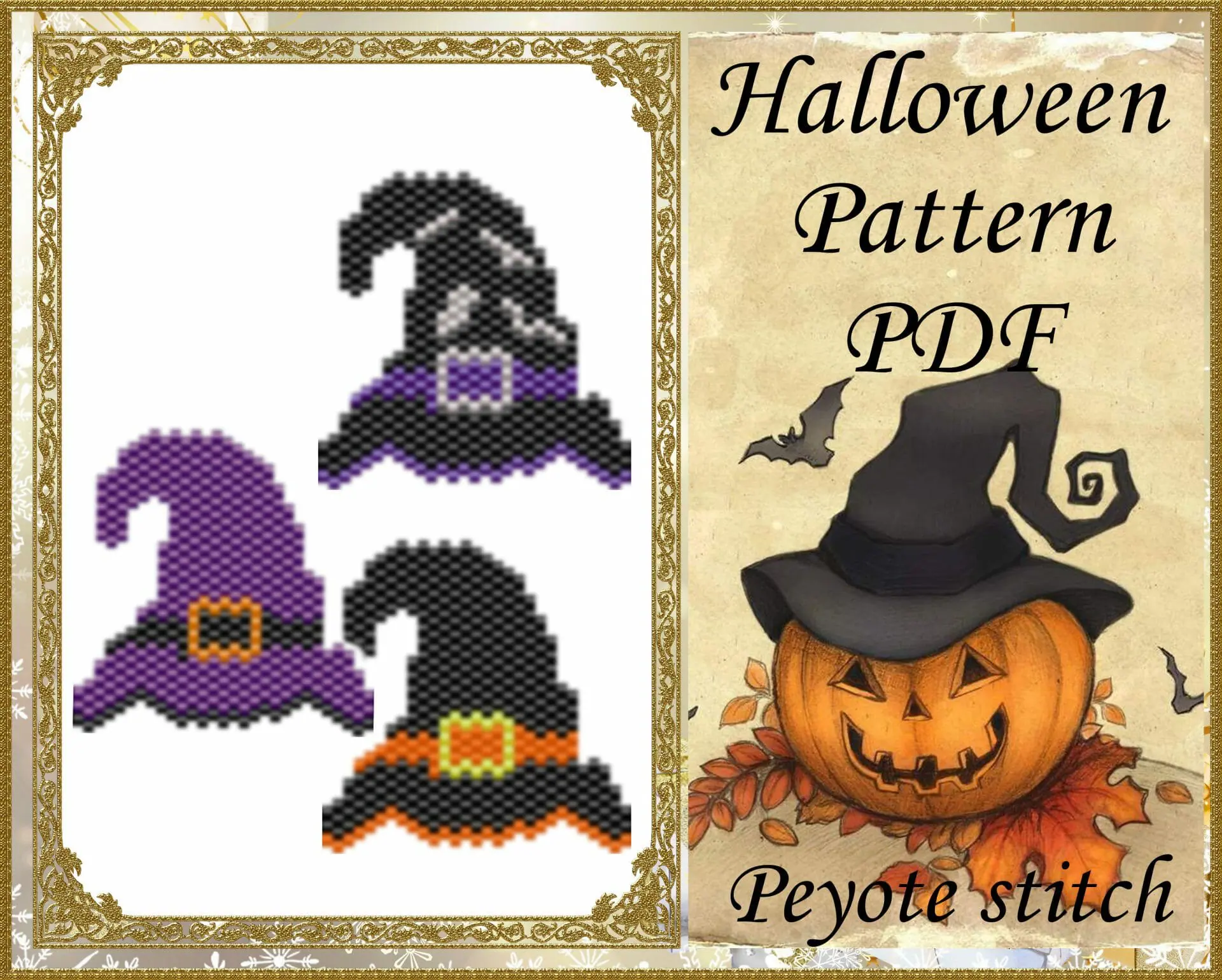 Peyote stitch pattern Halloween Witch hat Set PDF file