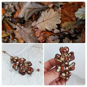 Brooch pin oak leaf handmade from beads rhinestones brown chocolate