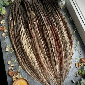 Brown ombre dreads and curls, mix brown, blonde, burgundy