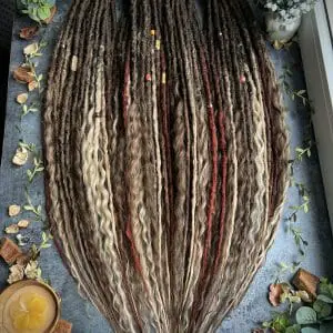 Brown ombre dreads and curls, mix brown, blonde, burgundy