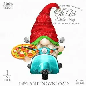 Pizza Deliveryman Gnome Clipart, Motorbike, Gnome Images.