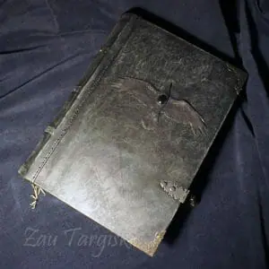 Black book of shadows, magic diary with a crow and a black stone