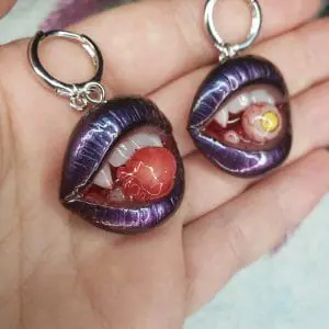 Purple Lips dangle earrings, with heart and eyeball, stainless steel