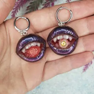 Purple Lips dangle earrings, with heart and eyeball, stainless steel