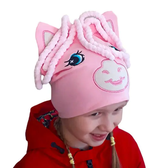 Gift hat Horse soft pink for girl with raised ears, mane
