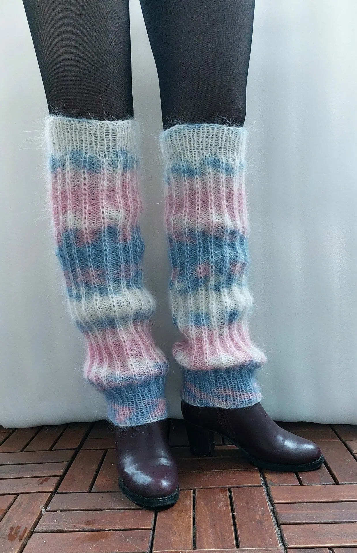Long mohair gaiters, white blue pink warm cuffs on boots, leggings