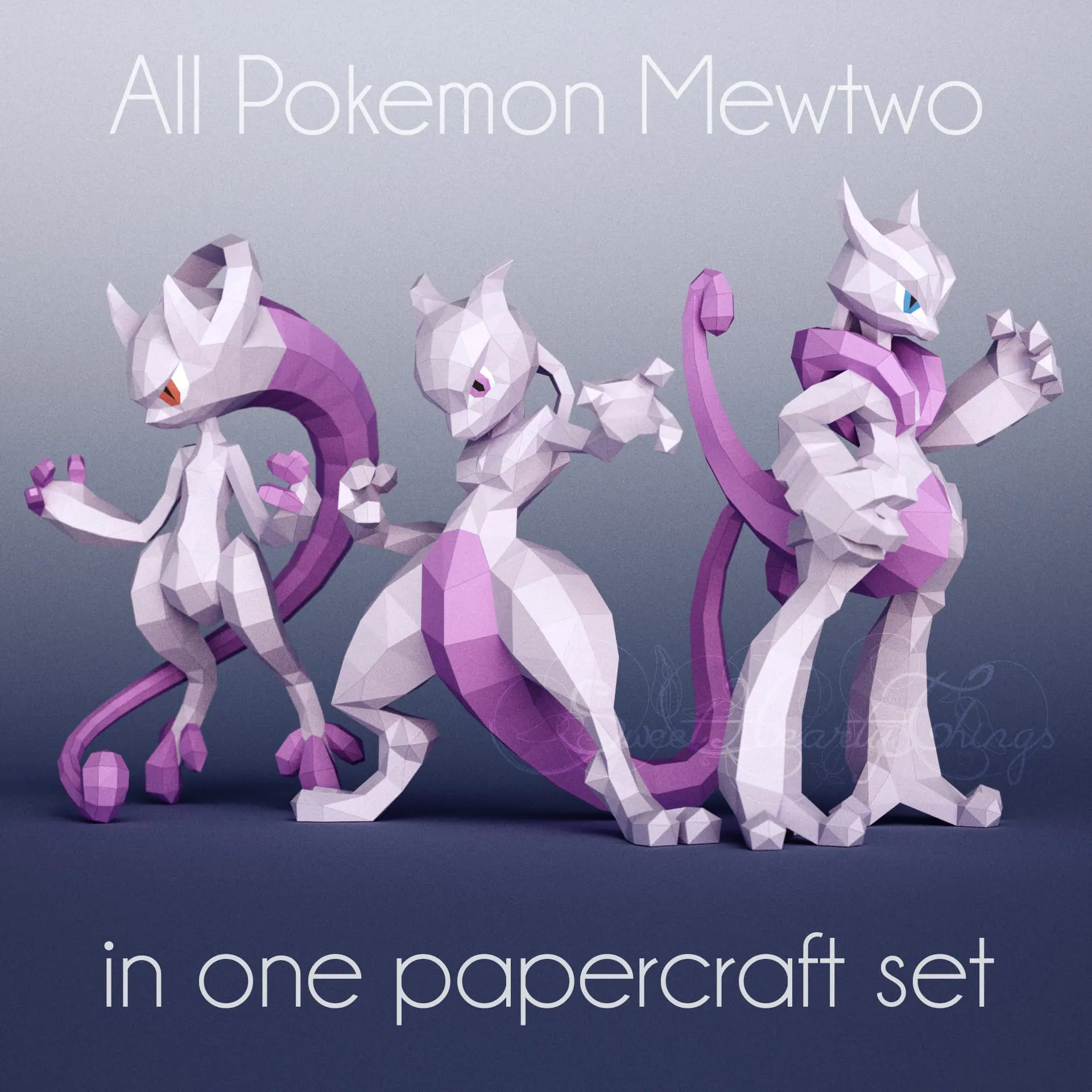 3d Papercraft–Mega Mewtwo X include Shiny–PDF DXF Templates - Crealandia