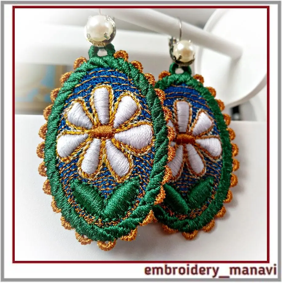 ITH embroidery Set 2 oval of earrings pendant with cham - Image 6
