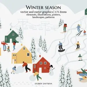 Winter season clipart, winter activities illustration