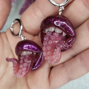 Tentacle tongue purple vampire Lips dangle earrings, stainless steel