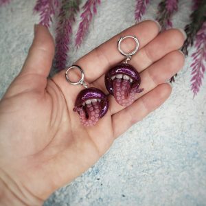 Tentacle tongue purple vampire Lips dangle earrings, stainless steel