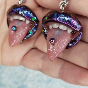 Tongue ring holographic vampire Lips dangle earrings, stainless steel