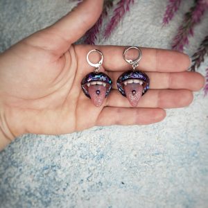 Tongue ring holographic vampire Lips dangle earrings, stainless steel