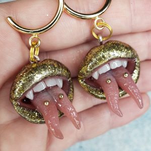 Split tongue golden glittery vampire Lips dangle earrings, stainless steel