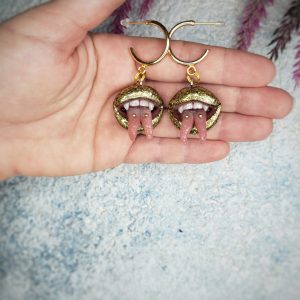 Split tongue golden glittery vampire Lips dangle earrings, stainless steel
