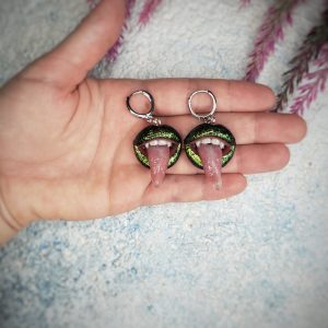 Green shimmery vampire Lips dangle earrings, stainless steel