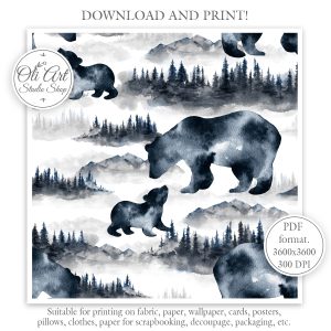 Mam Bear. Forest Seamless Pattern for Graphic Design Sublimation