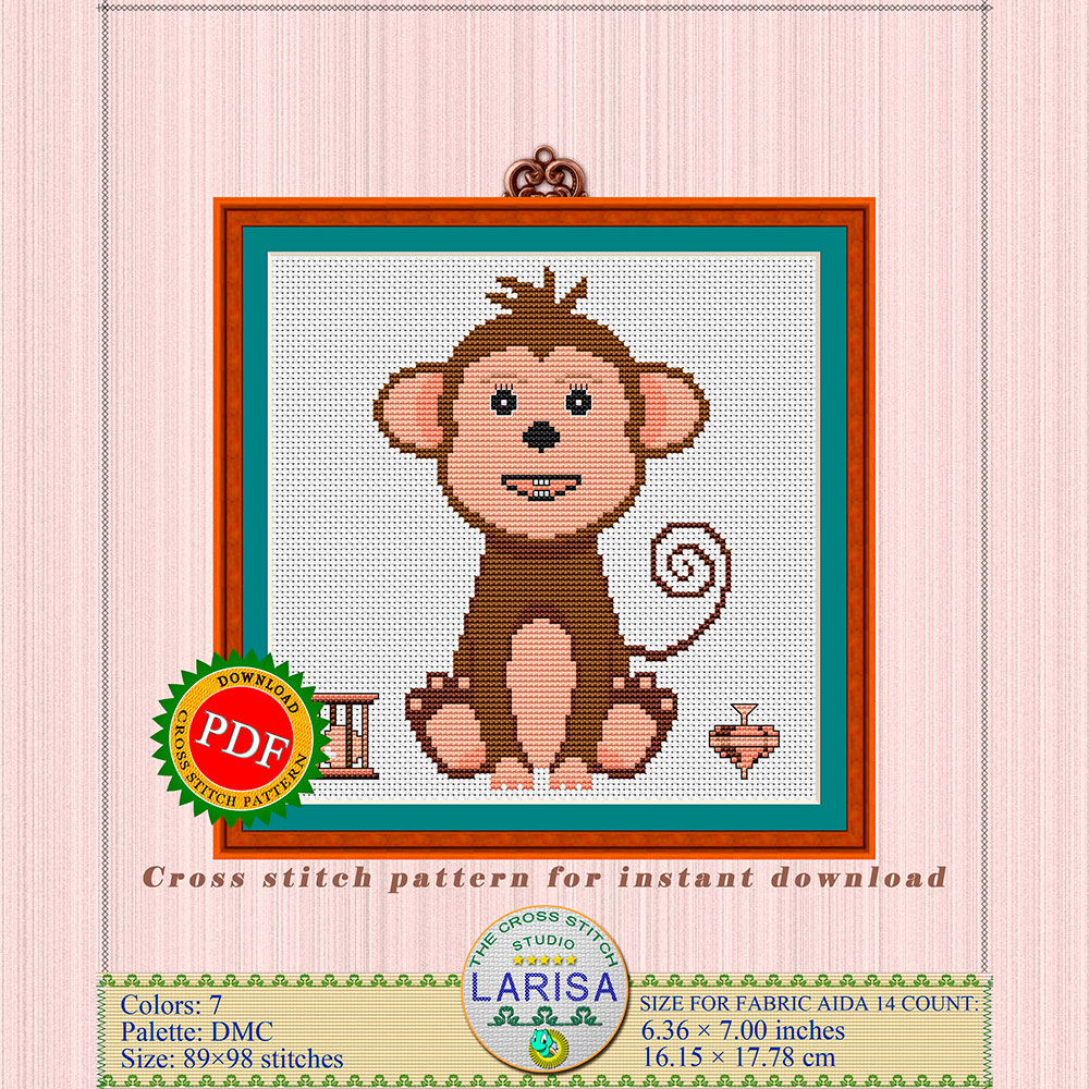 Monkey Cross Stitch Pattern | Tailed Monkey Design 2 Monkey Cross Stitch Pattern