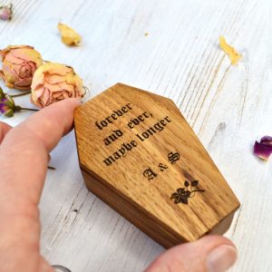 wooden box for wedding rings in coffin shape box with custom engraved name