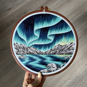 embroidered landscape, embroidery art, northern lights