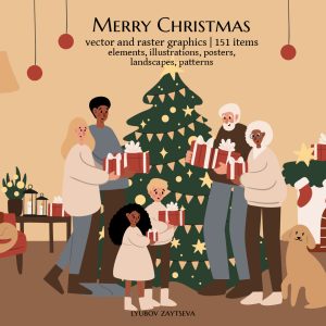 Merry Christmas clipart, families vector illustration