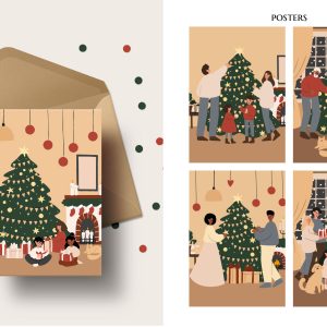 Merry Christmas Cards, Family Decorating Tree, Digital Prints