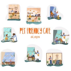Cat cafe, pet friendly cafe set