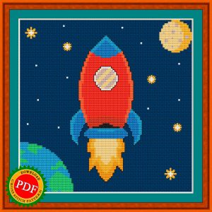 Cartoon rocket flying through the cosmos