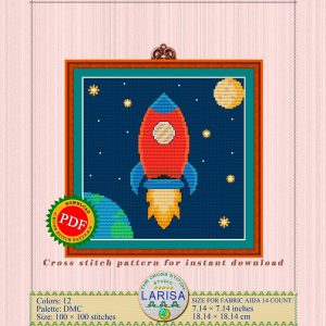 Whimsical rocket with flames shooting from thrusters