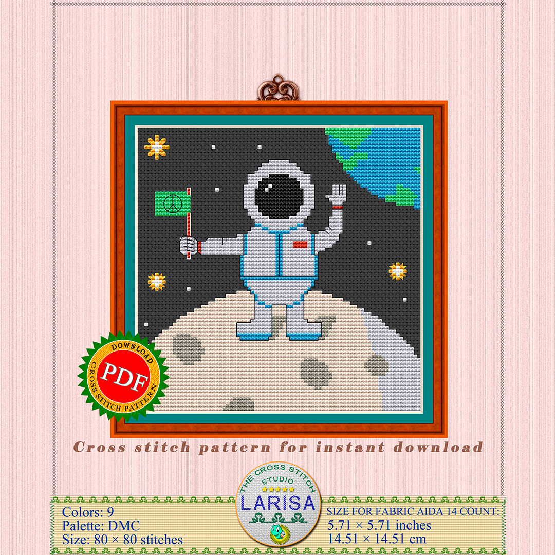 Lunar Ambassador Cross Stitch Pattern | Astronaut on the Moon 2 Lunar Ambassador cross stitch pattern