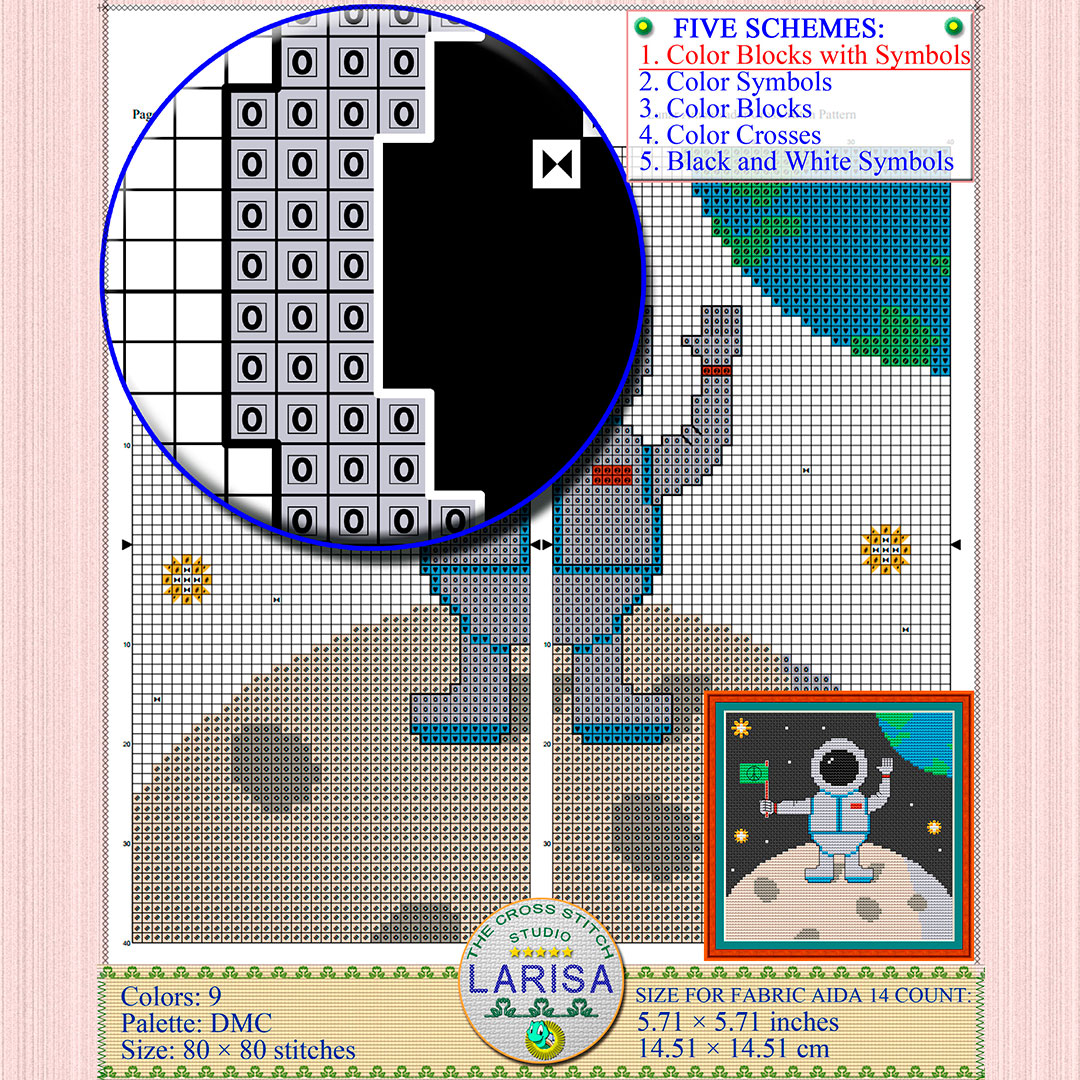 Lunar Ambassador Cross Stitch Pattern | Astronaut on the Moon 5 Peace flag-wielding astronaut