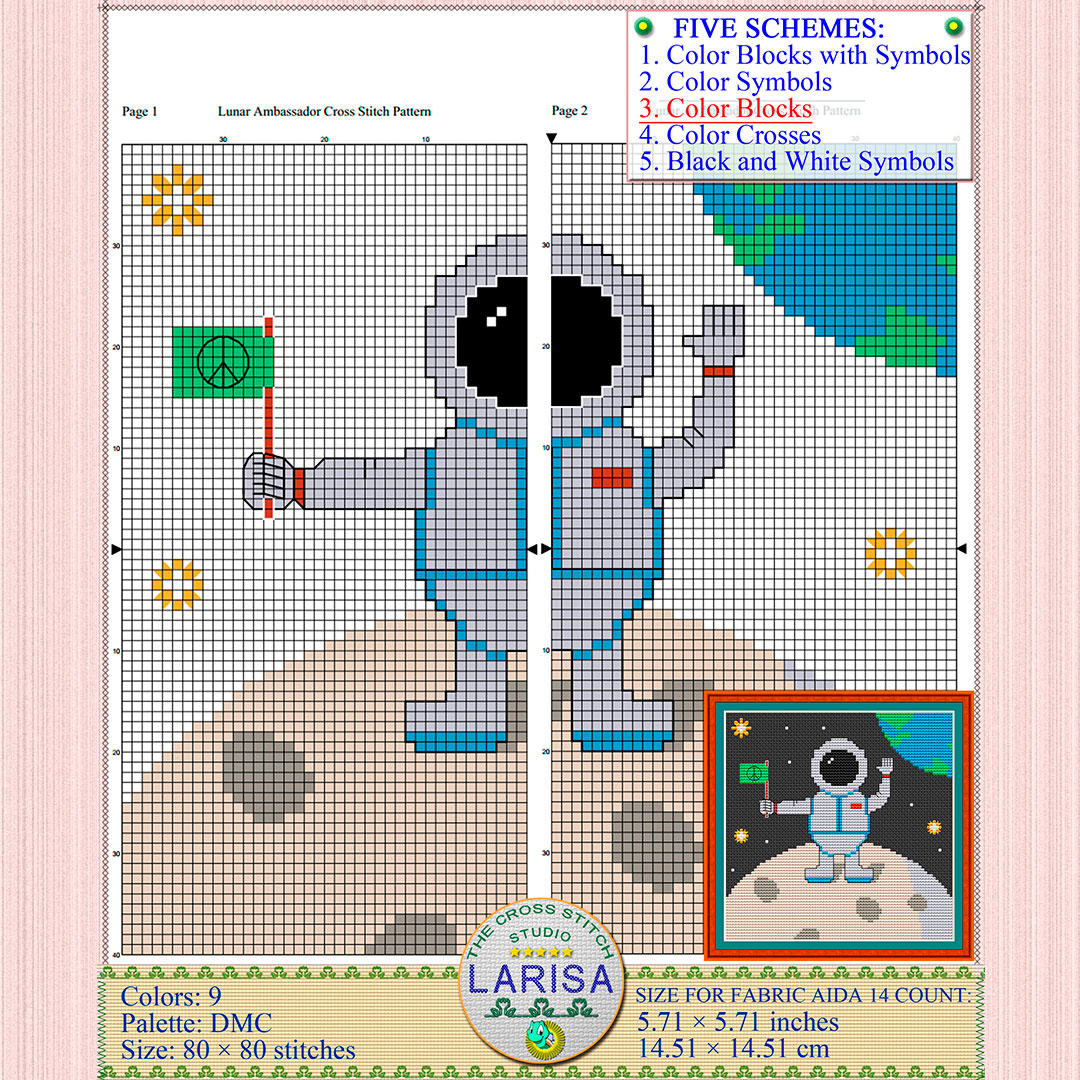 Lunar Ambassador Cross Stitch Pattern | Astronaut on the Moon 8 Delightful small-sized cross stitch pattern