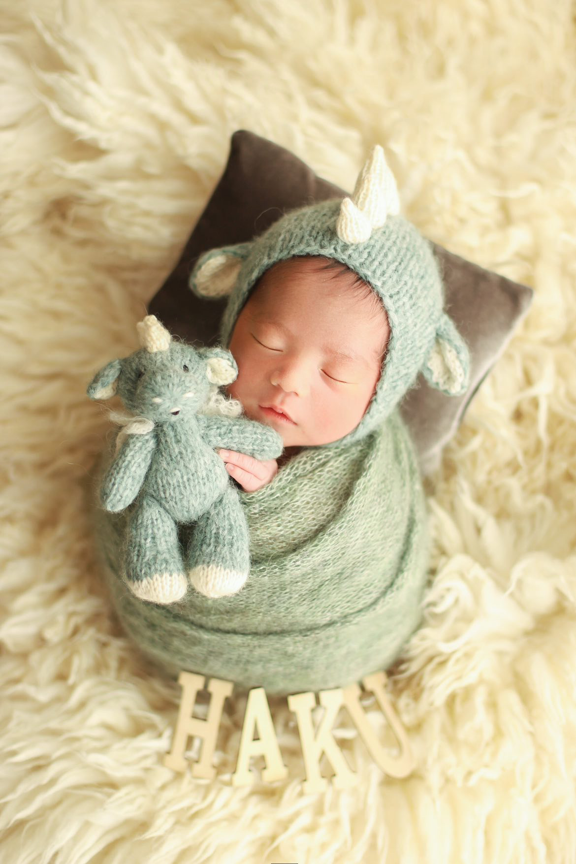 Newborn photo prop Dragon set: dragon, matching bonnet, wrap