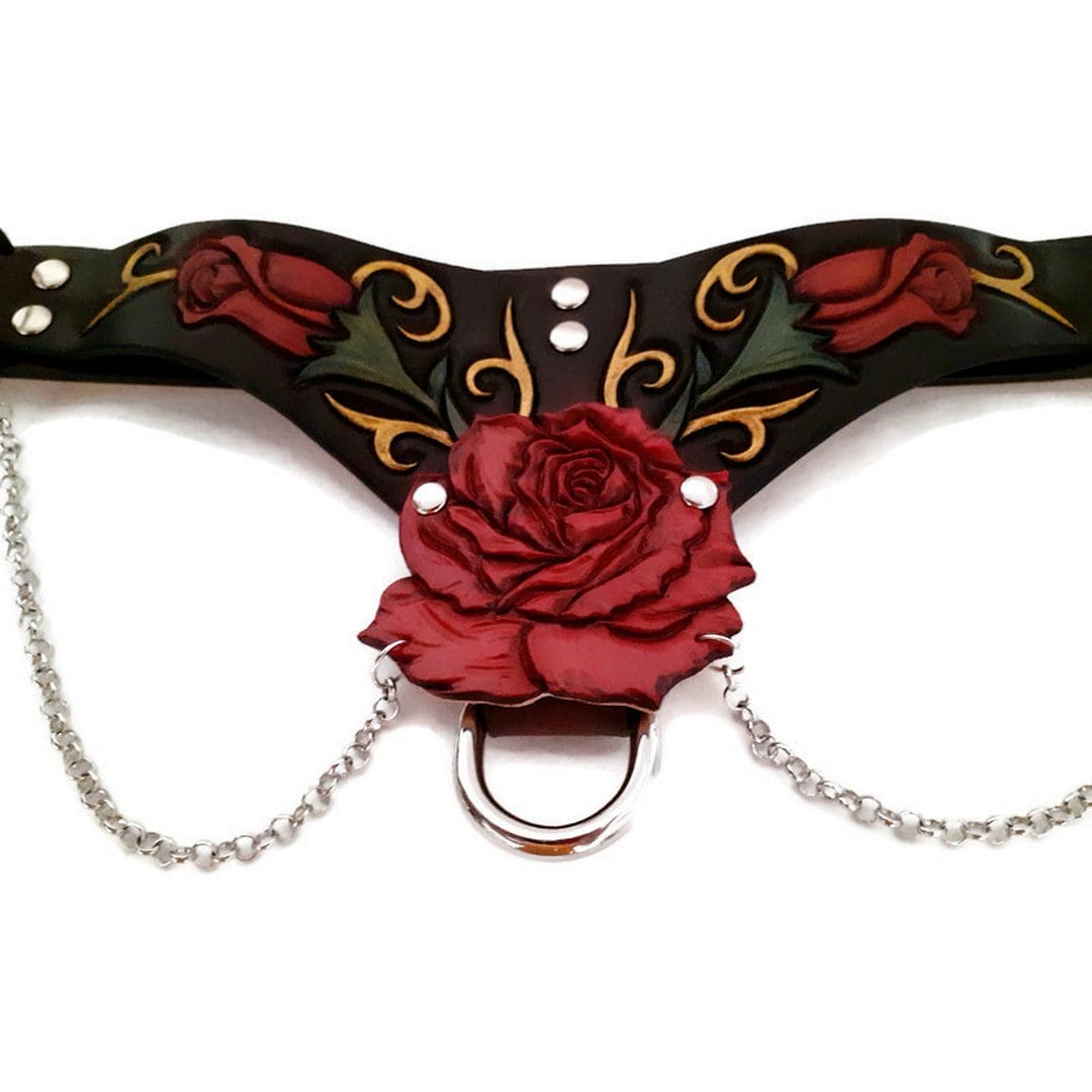 Gothic leather bdsm collar choker with red roses