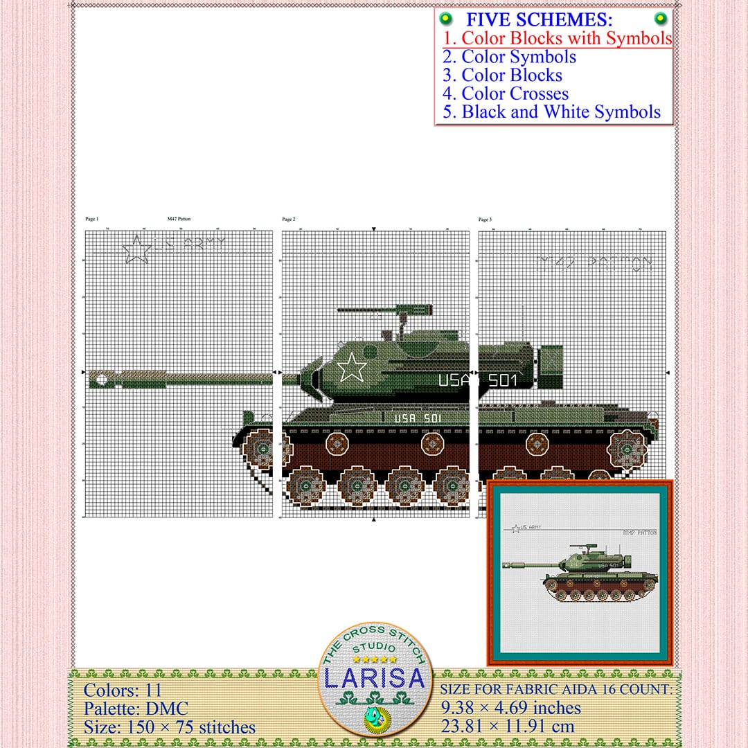 M47 Patton Cross Stitch Pattern | Patton Tank Chart 4 M47 Patton tank with number 501 design