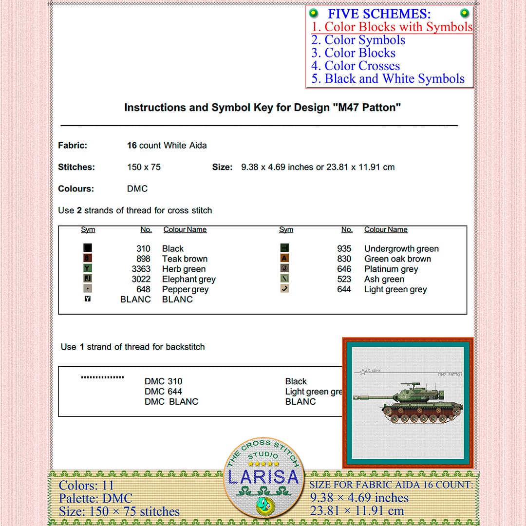 M47 Patton Cross Stitch Pattern | Patton Tank Chart 6 Historic M47 Patton tank embroidery chart