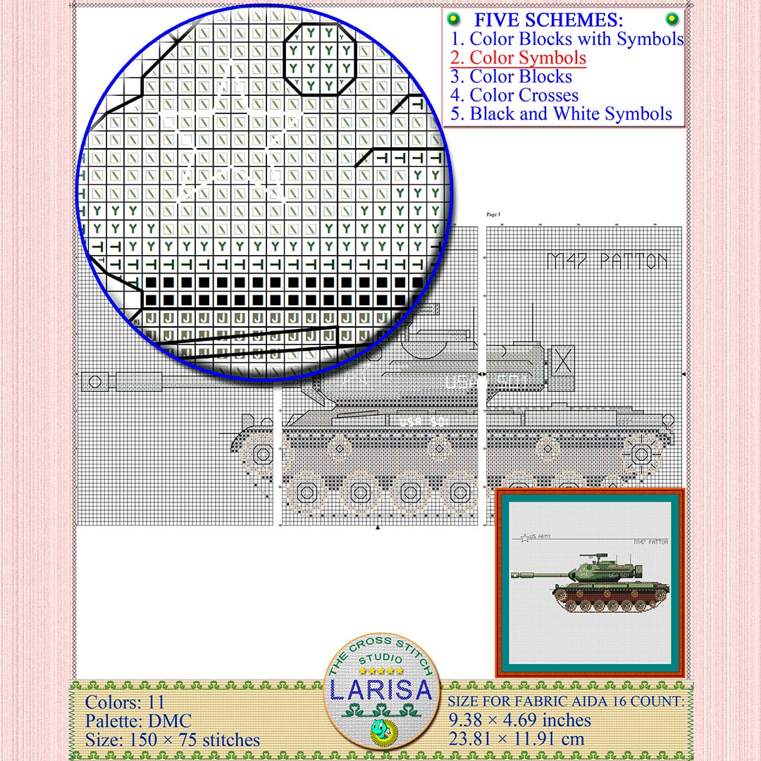 M47 Patton Cross Stitch Pattern | Patton Tank Chart 7 Cross stitch design of M47 Patton tank
