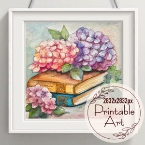 Watercolour Digital Painting - Books and Hydrangeas Charm